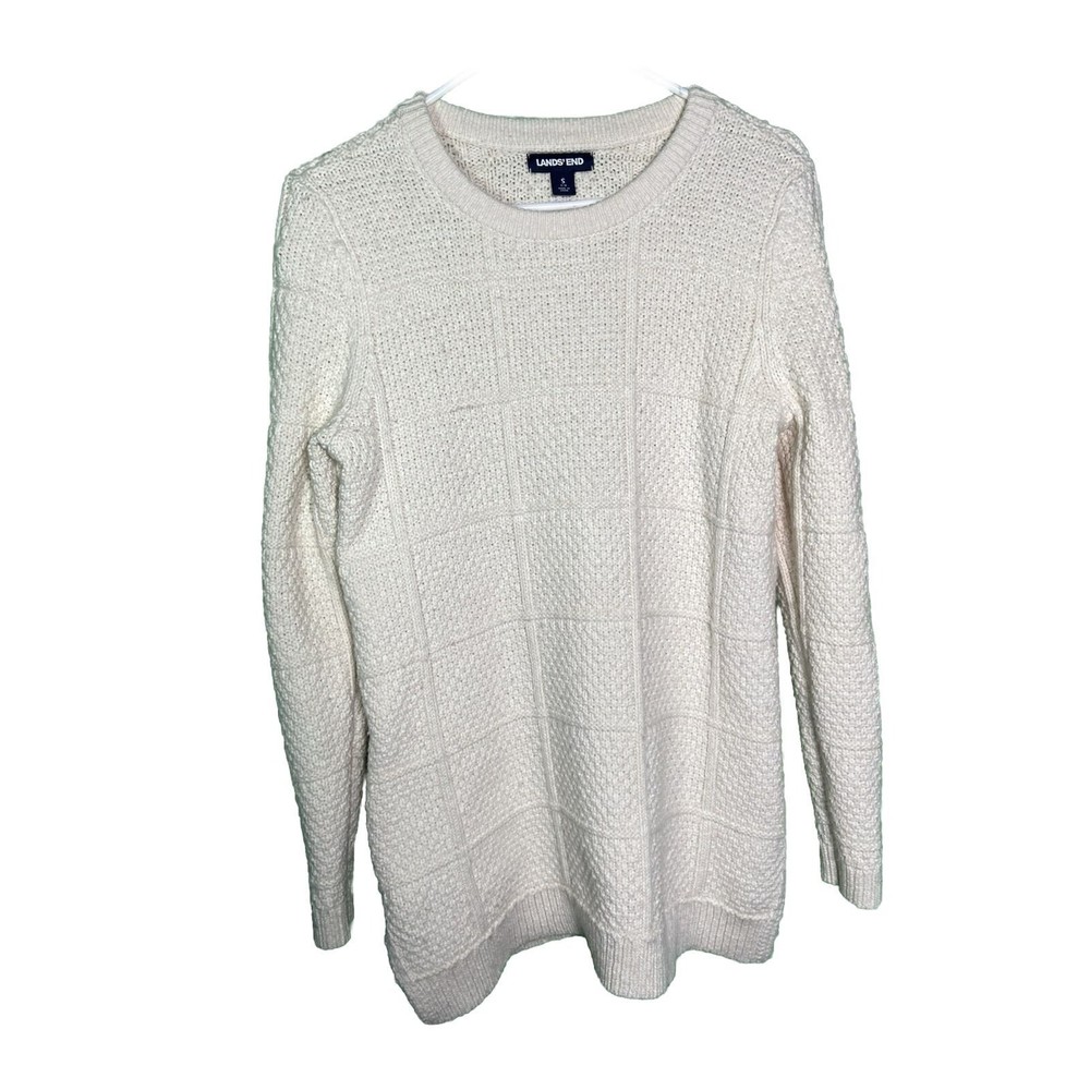 Lands End Womens Pullover Size S Sweater Cream Wool Blend Crew Neck Chunky Knit